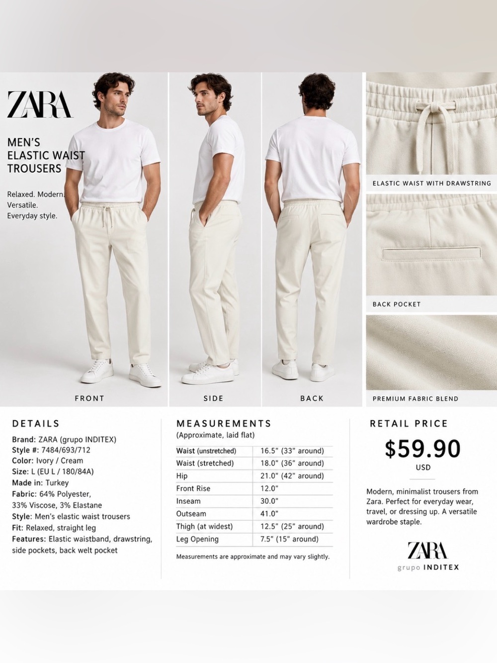 ZARA Men’s Ivory Elastic-Waist Chinos